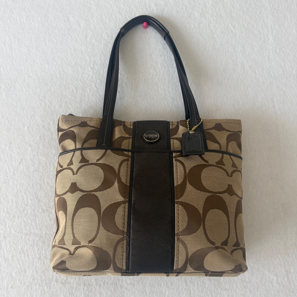 Coach Signature Monogram Tote Bag Womens Medium Brown Khaki Y2K Jacquard Preppy